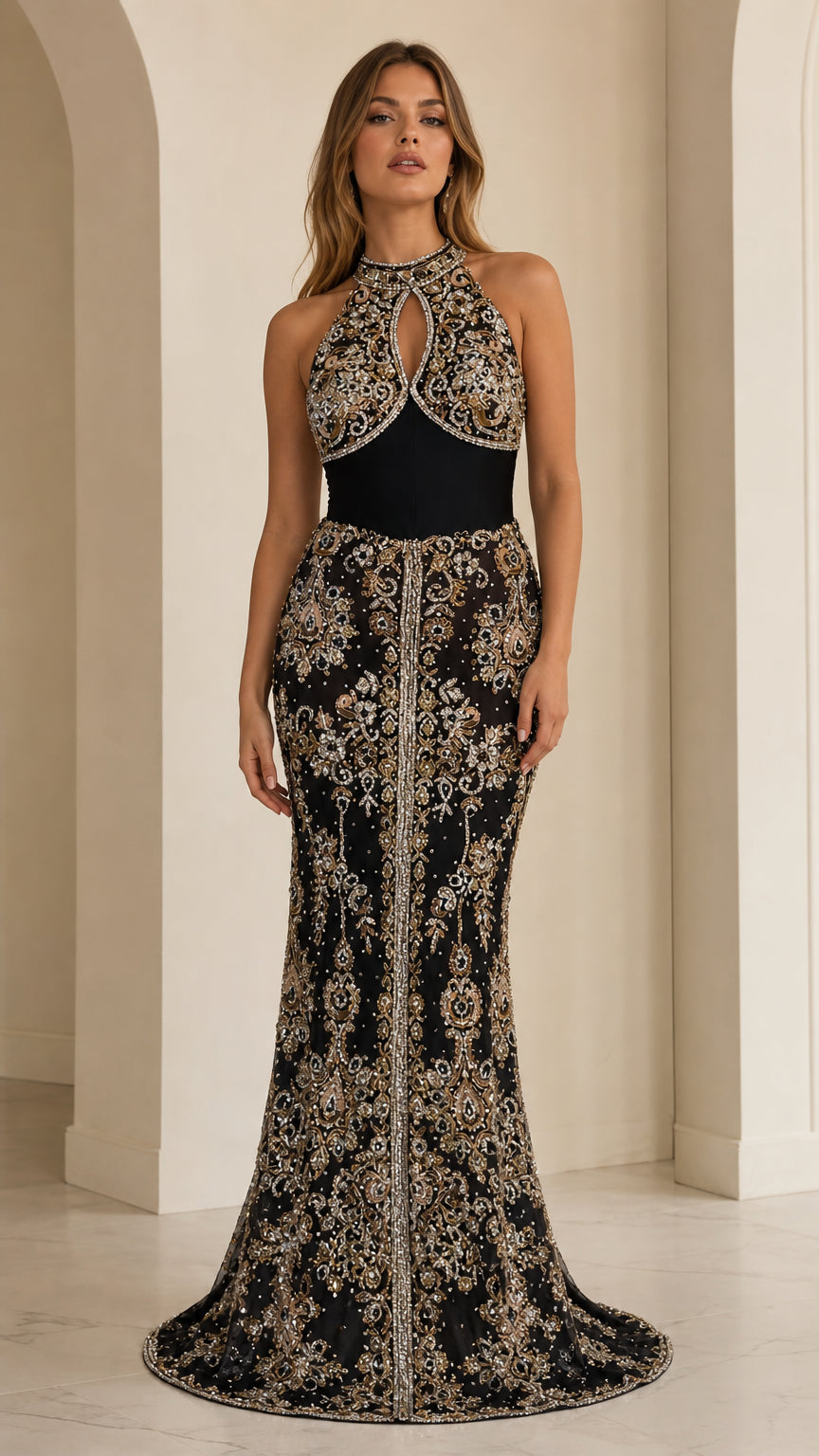 Front full view of black halter neck embroidered evening gown