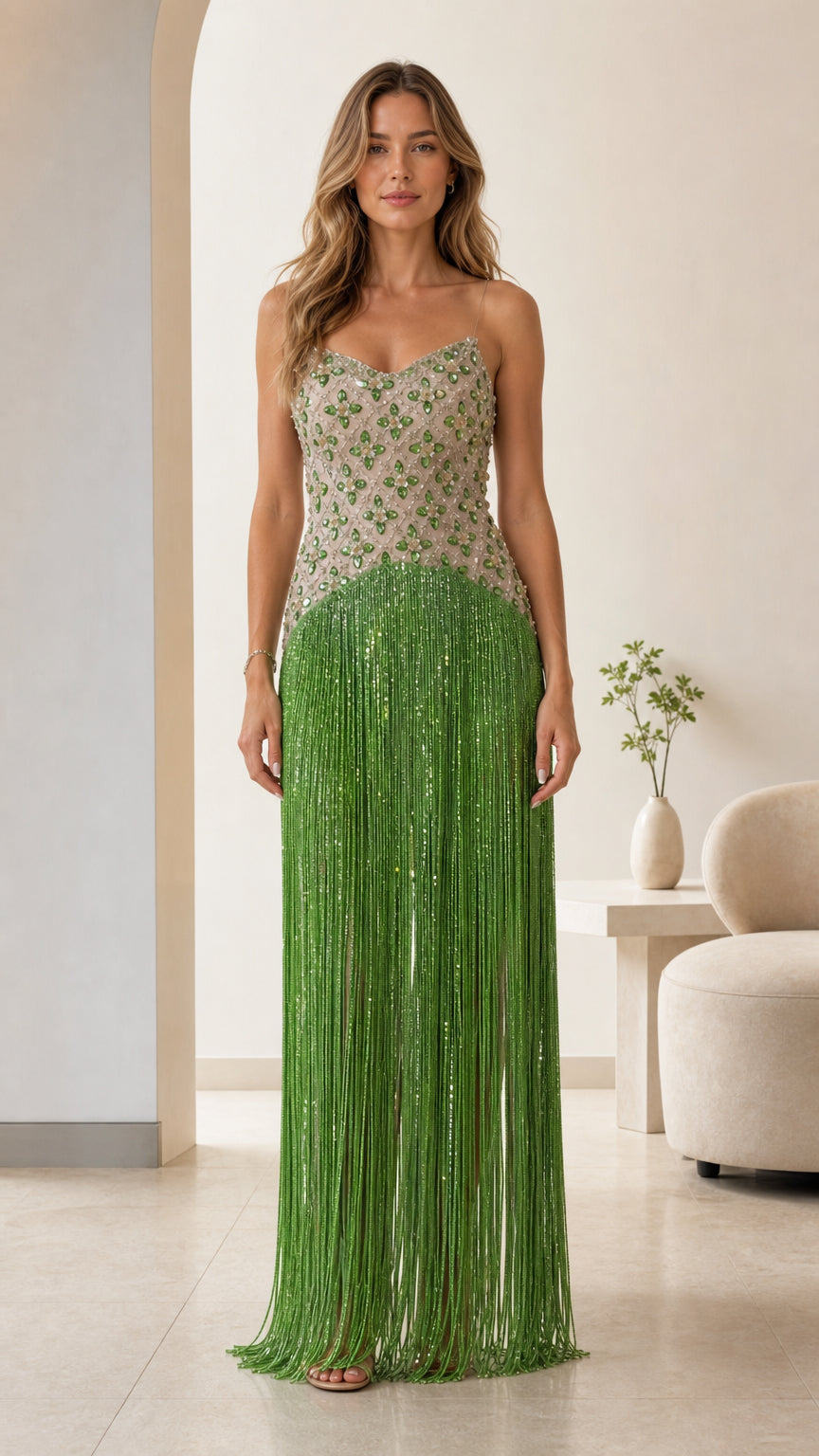 Emerald green embellished bodice fringe maxi dress front view