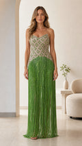 Emerald green embellished bodice fringe maxi dress front view