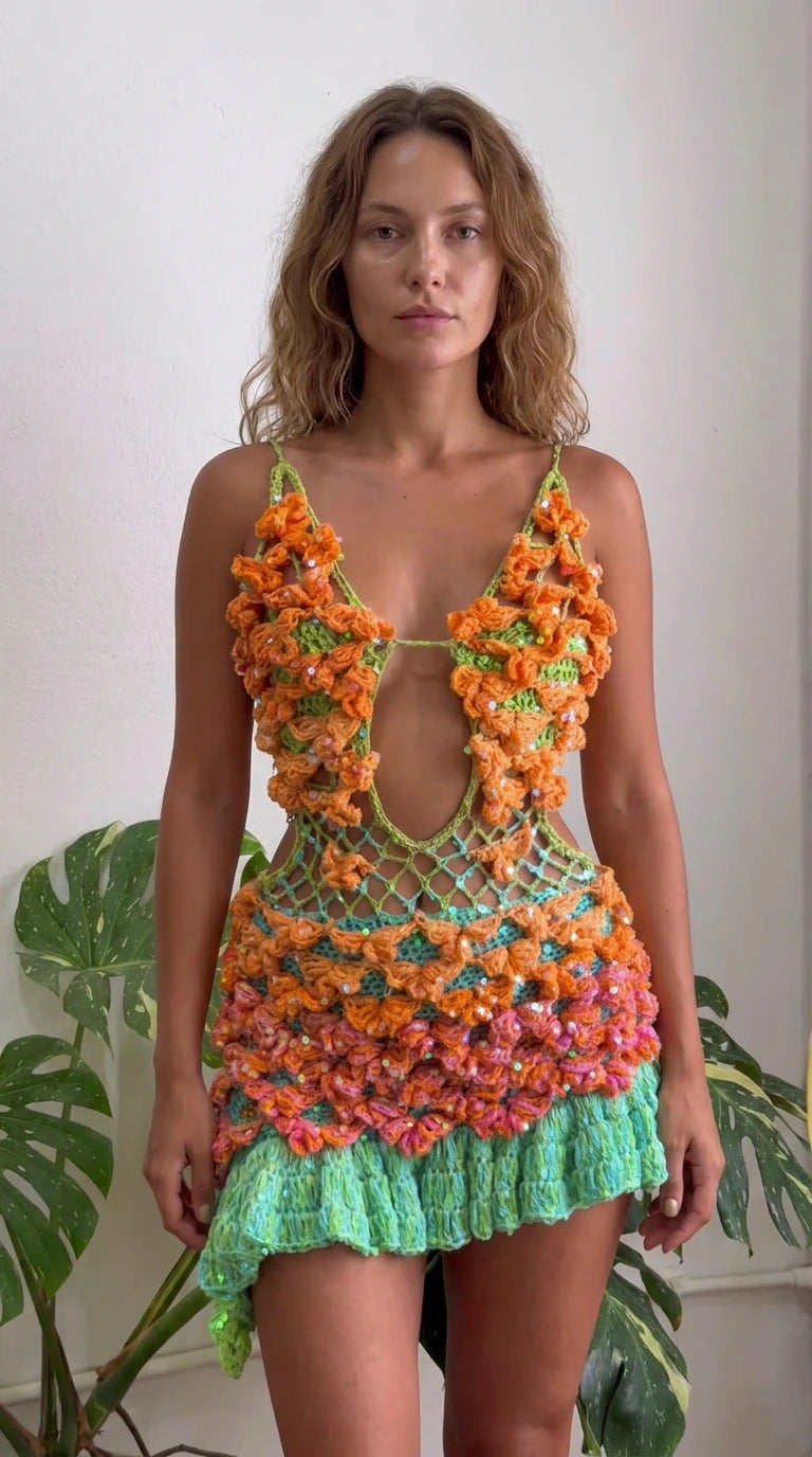 Front view of model wearing Lime Green 3D crochet cutout mini dress with orange and pink accents
