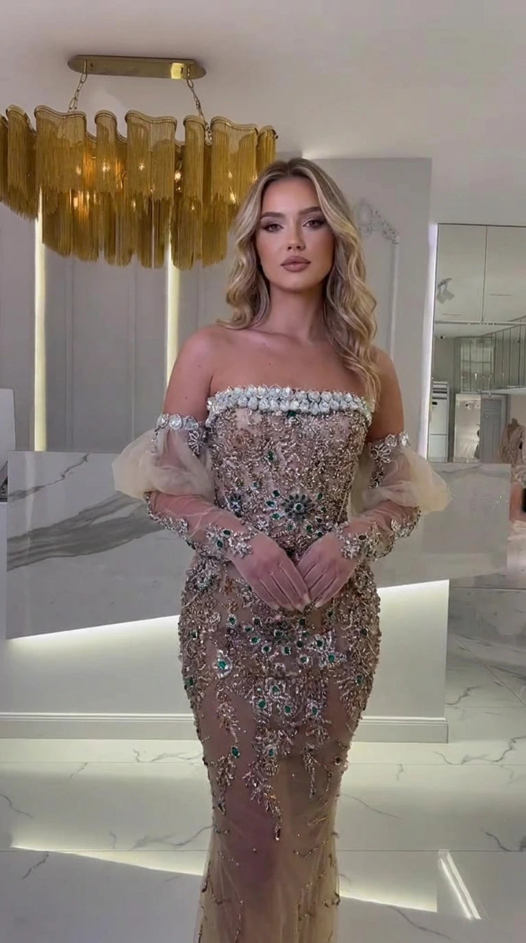 Champagne off-the-shoulder crystal embellished mermaid gown front view