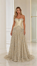 Front view of model wearing a Champagne strapless beaded corset evening gown with sequin skirt
