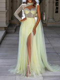 Asymmetric Beaded Split-Side Long Sleeves One-Shoulder Maxi Dresses