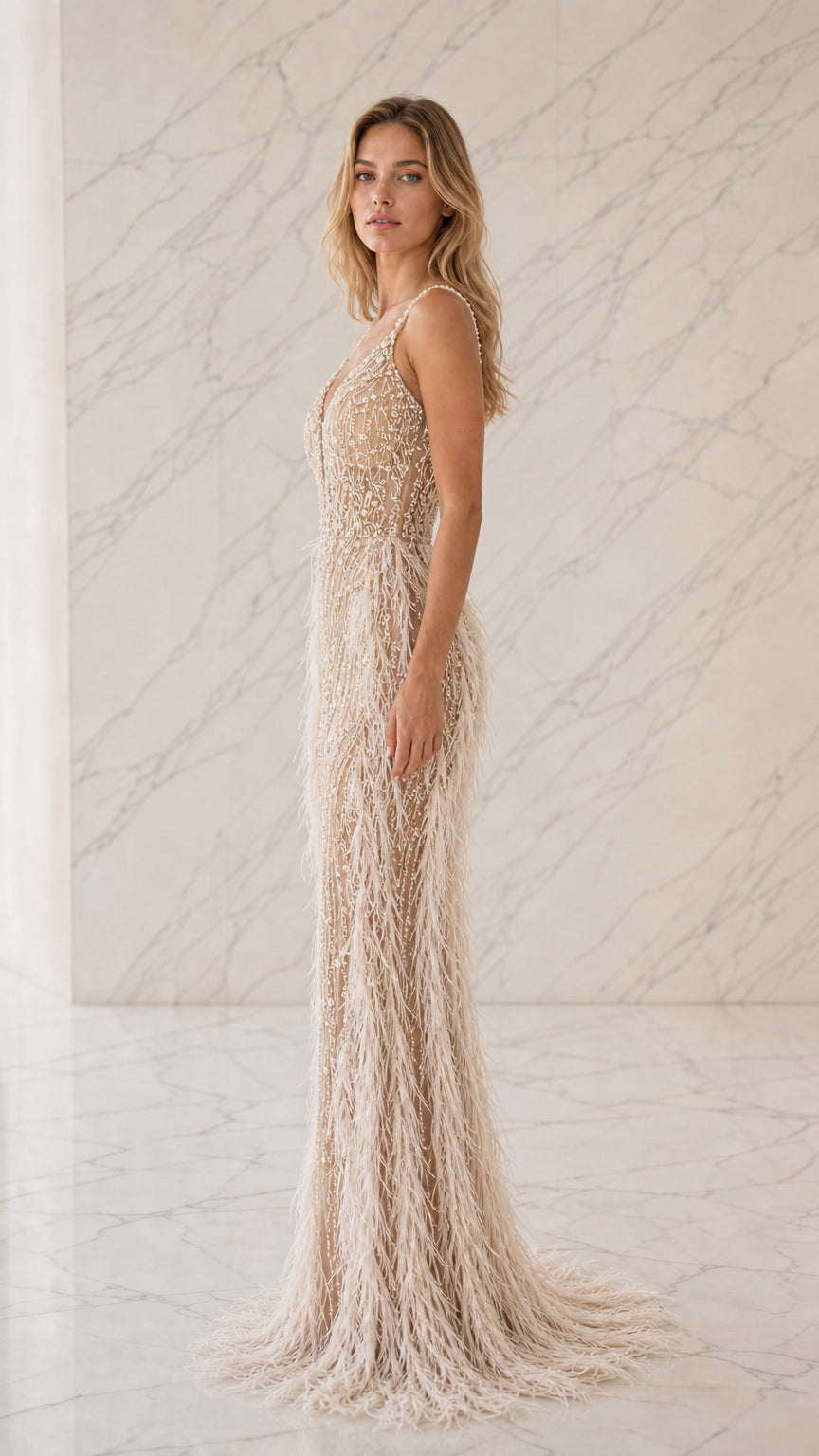 Side profile view of champagne feather embellished floor-length formal dress