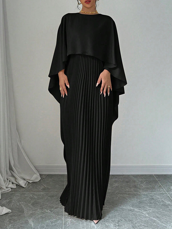 Cape High-Low Pleated Solid Color Split-Joint Round-Neck Evening Dresses Maxi Dresses