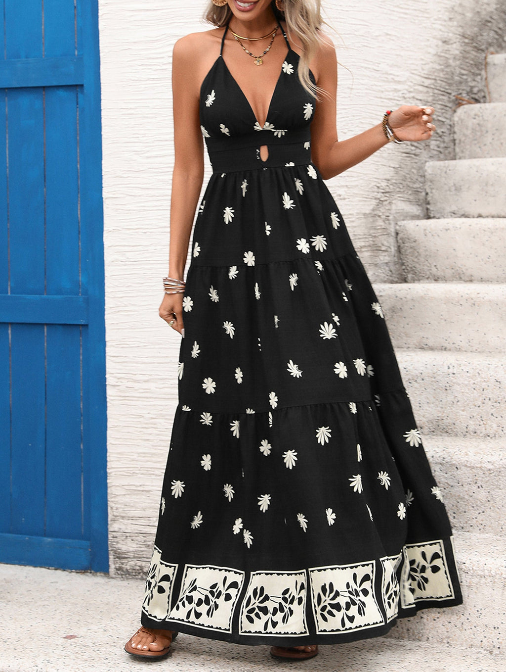 Printed Halter Flowy Maxi Dress