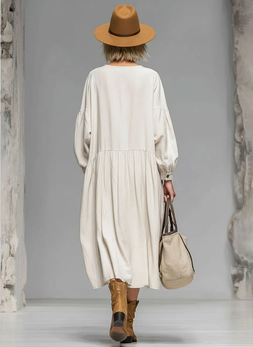 Loose Round-neck Button-front Double-pocket Cotton Long-sleeved Midi Dress