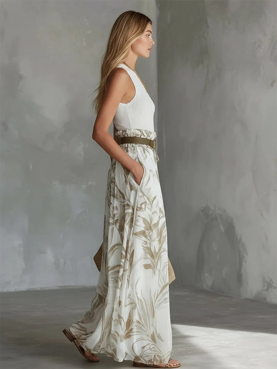 Elegant White Breathable Knit Tank Top Printed Chiffon Wide-Leg Pants Set