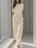 Women's Elegant High-Waist Jumpsuit - Wrinkle-Free Sleeveless Wide Leg Romper with Pockets