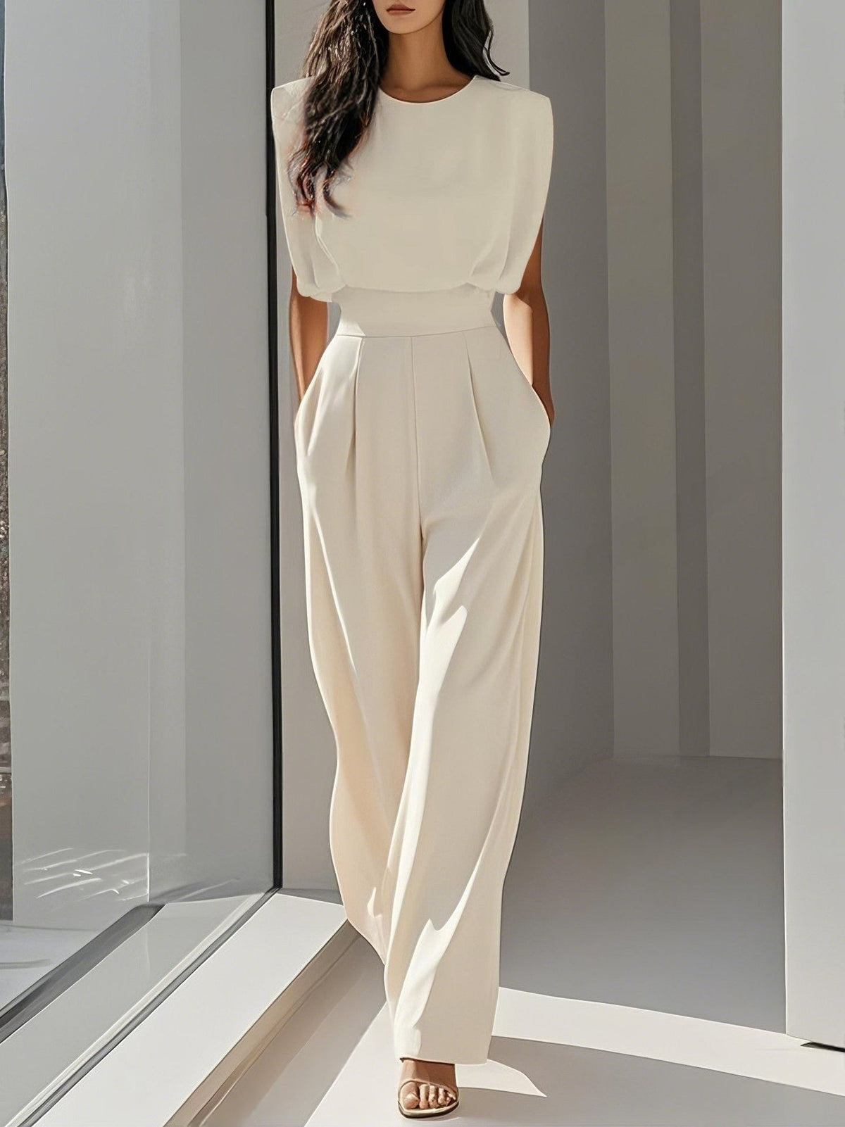 Women's Elegant High-Waist Jumpsuit - Wrinkle-Free Sleeveless Wide Leg Romper with Pockets