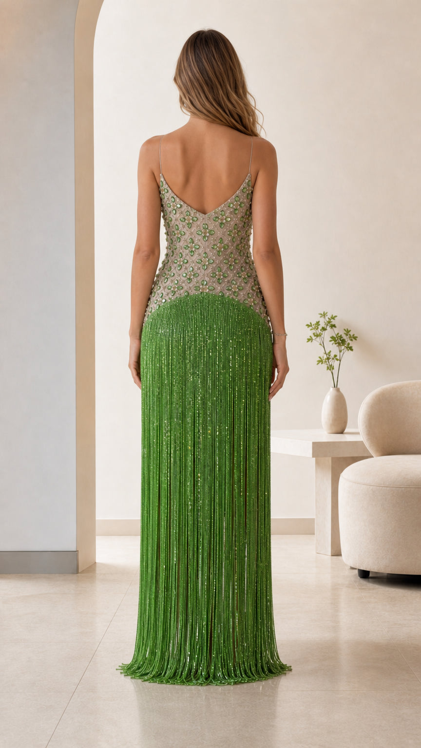 Emerald green beaded formal evening dress back view with low V-back