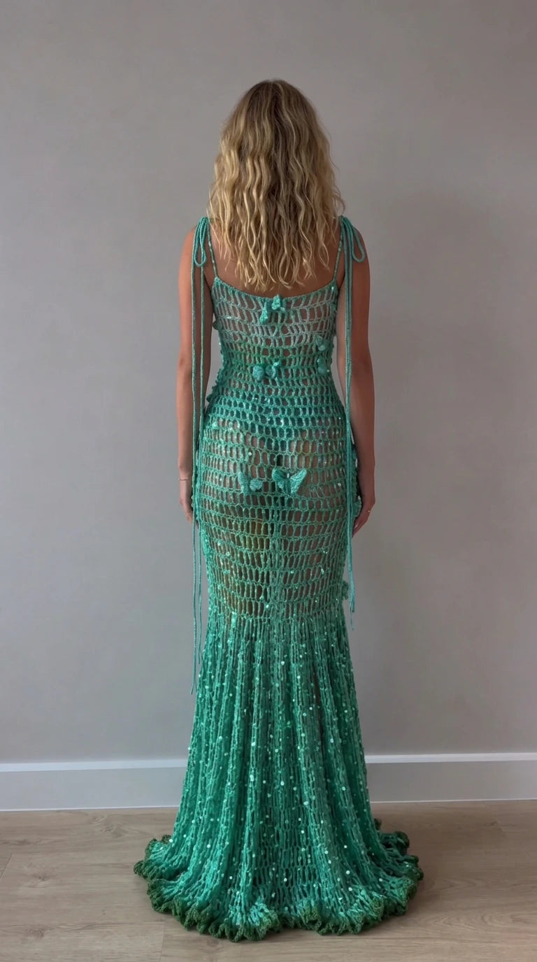 Back view of teal green openwork crochet evening dress with delicate tie shoulder straps