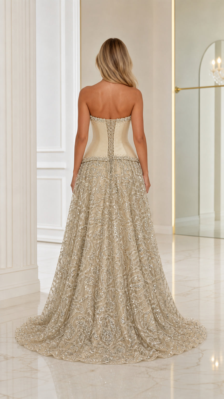 Back view of model wearing Champagne strapless corset evening gown showing train