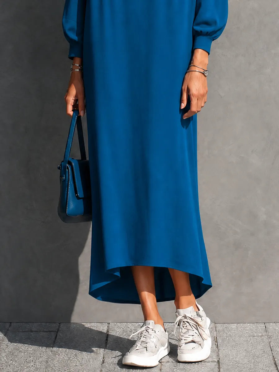 Women's Relaxed Lazy Royal Blue Cotton Blend Gathered Batwing Sleeve High Low Maxi Dress MDZ0946G1GMJ