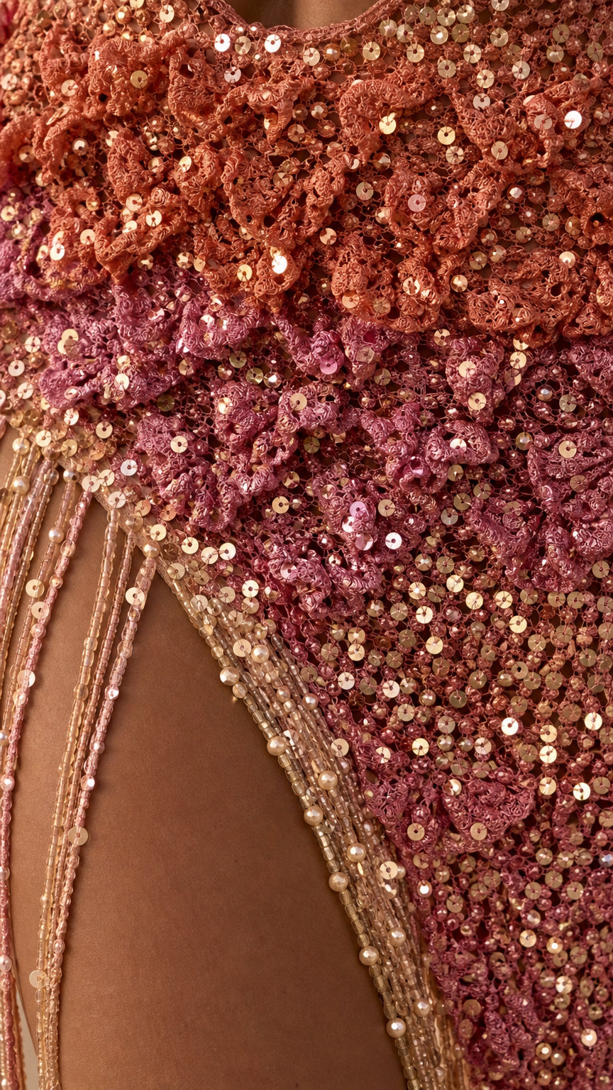 Close-up detail of textured crochet appliques, sequins, and beaded tassel slit
