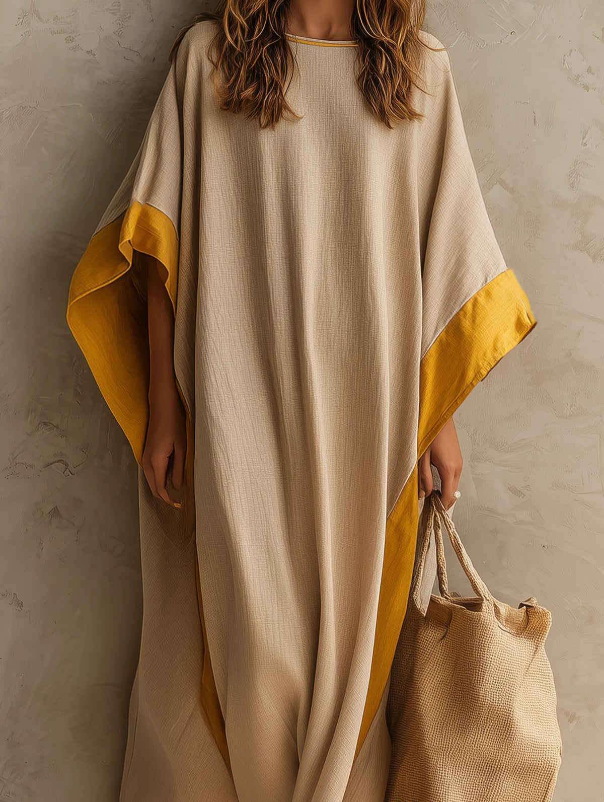 Women's Casual Khaki Cotton-linen Maxi Dress With A Round Neck And Batwing Sleeves MDZ0647G5LXY