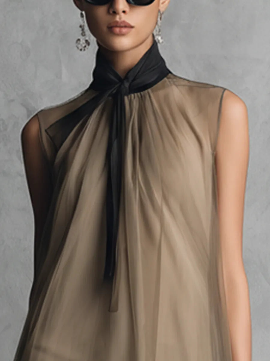 Women's Light Luxury Khaki And Brown Color-blocked Chiffon Sleeveless Dress MDZ1535A7BA