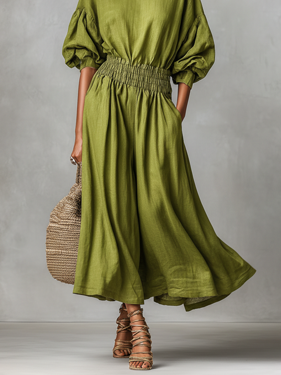 Women's Green Linen Dress With High Neck & Ruched Waist, Timeless Minimalist-Elegant Style Dress MDZ2830B5I