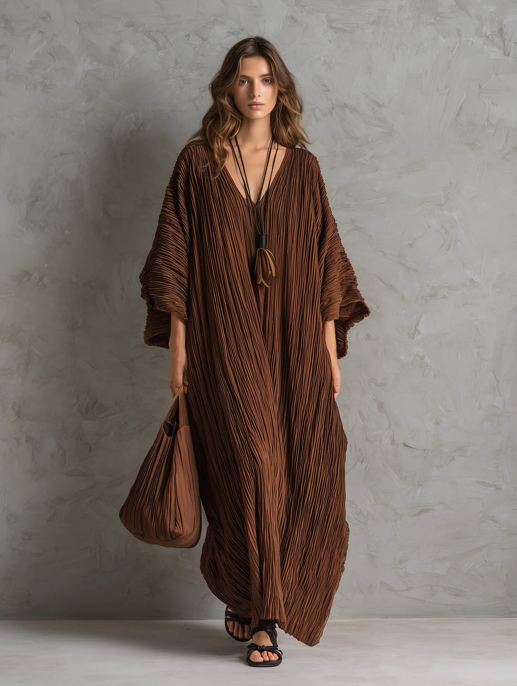 Women's Casual Brown Woven Pleated V-Neck Batwing-Sleeve Loose Maxi Dress MDZ0700G8LXY