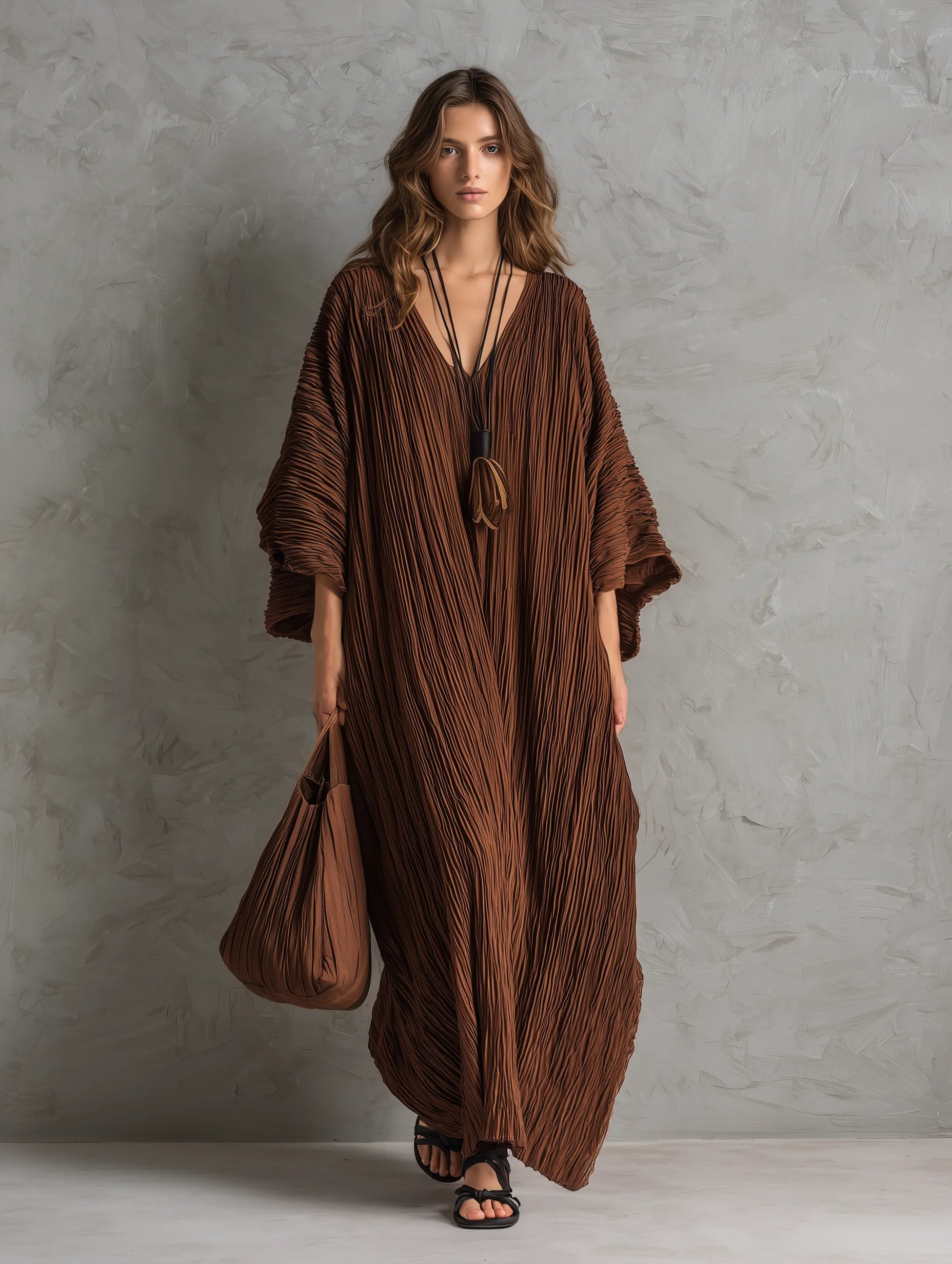 Women's Casual Brown Woven Pleated V-Neck Batwing-Sleeve Loose Maxi Dress MDZ0700G8LXY