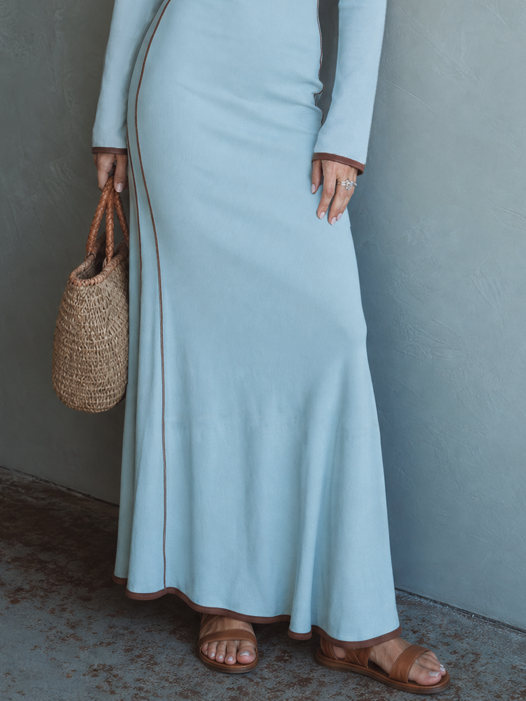 Women's Casual Fitted Color-Block Long-Sleeve Maxi Dress In Stretch Knit MDZ2064G0WY