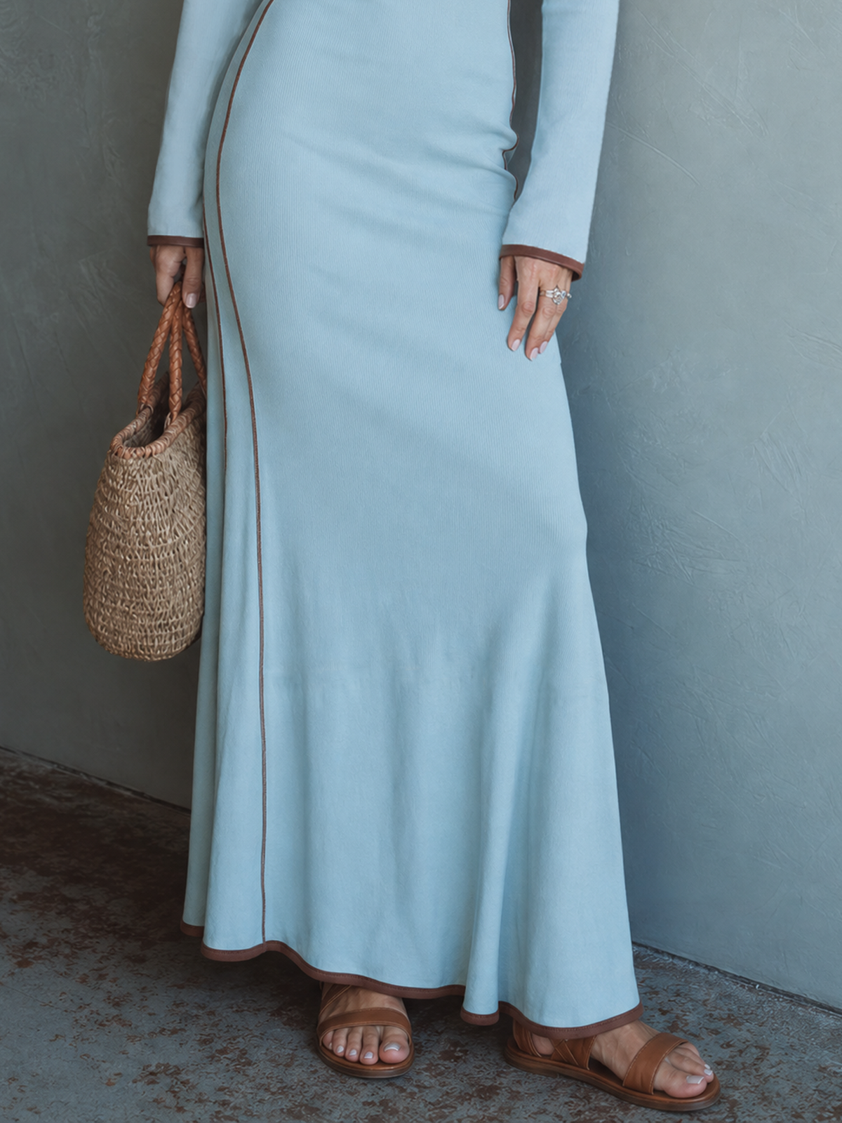 Women's Casual Fitted Color-Block Long-Sleeve Maxi Dress In Stretch Knit MDZ2064G0WY