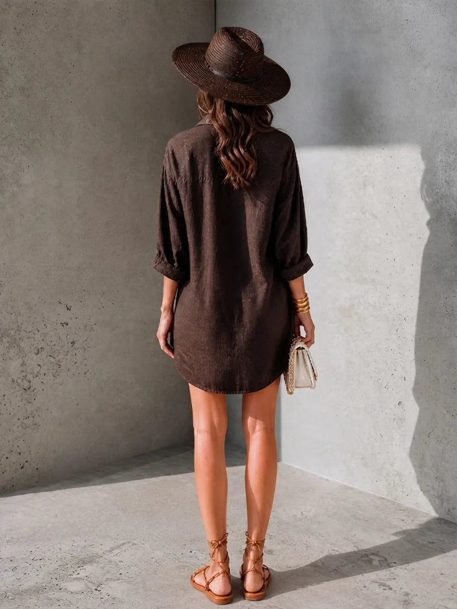 Women's Minimalist Dark Brown Cotton Linen Collared Half Open Placket Long Sleeve Short Shirt Dress MDZ0174G8GMJ