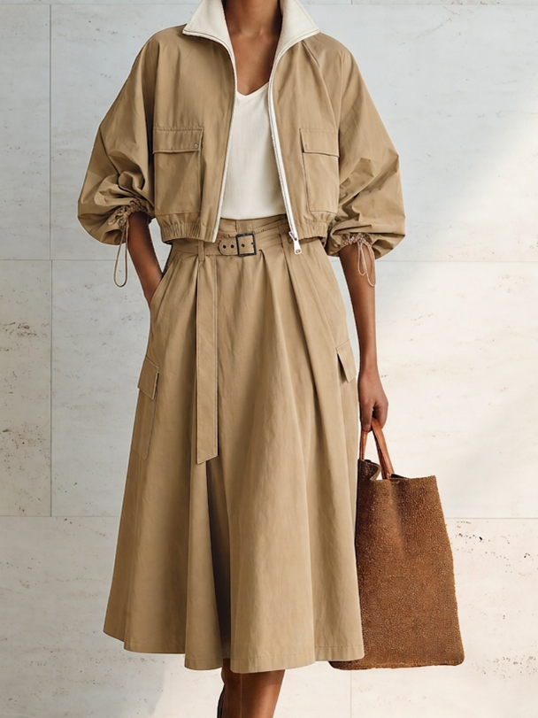 Women's Modern Khaki Cotton Blend Utility Cropped Jacket And Belted A-Line Midi Skirt Two-Piece Set MDZ1706G0ZSQ