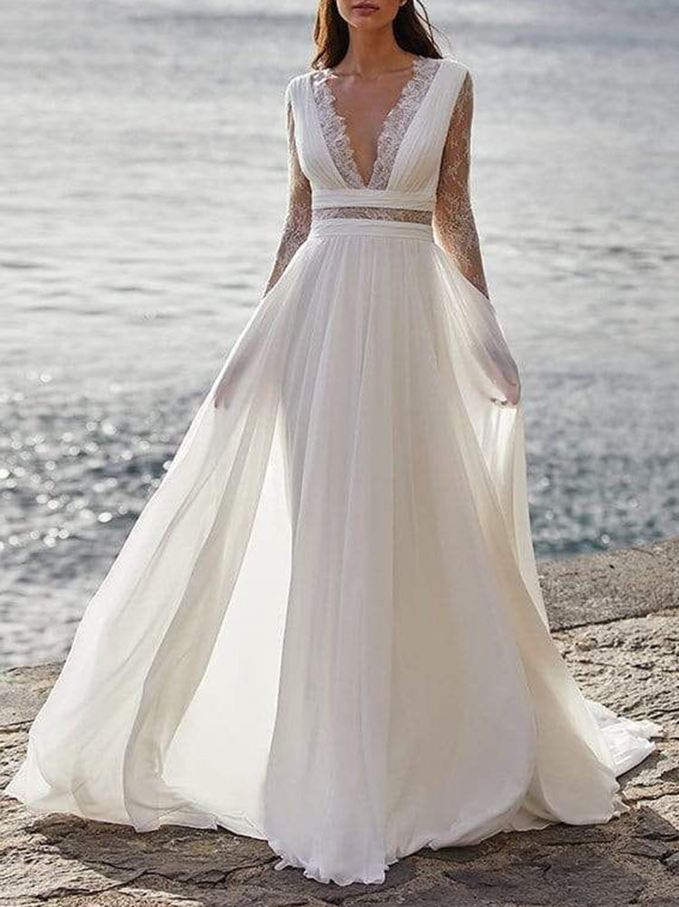 White V-Neck Lacy Long Sleeve Empire A-Line Wedding Maxi Dress