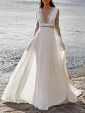 White V-Neck Lacy Long Sleeve Empire A-Line Wedding Maxi Dress