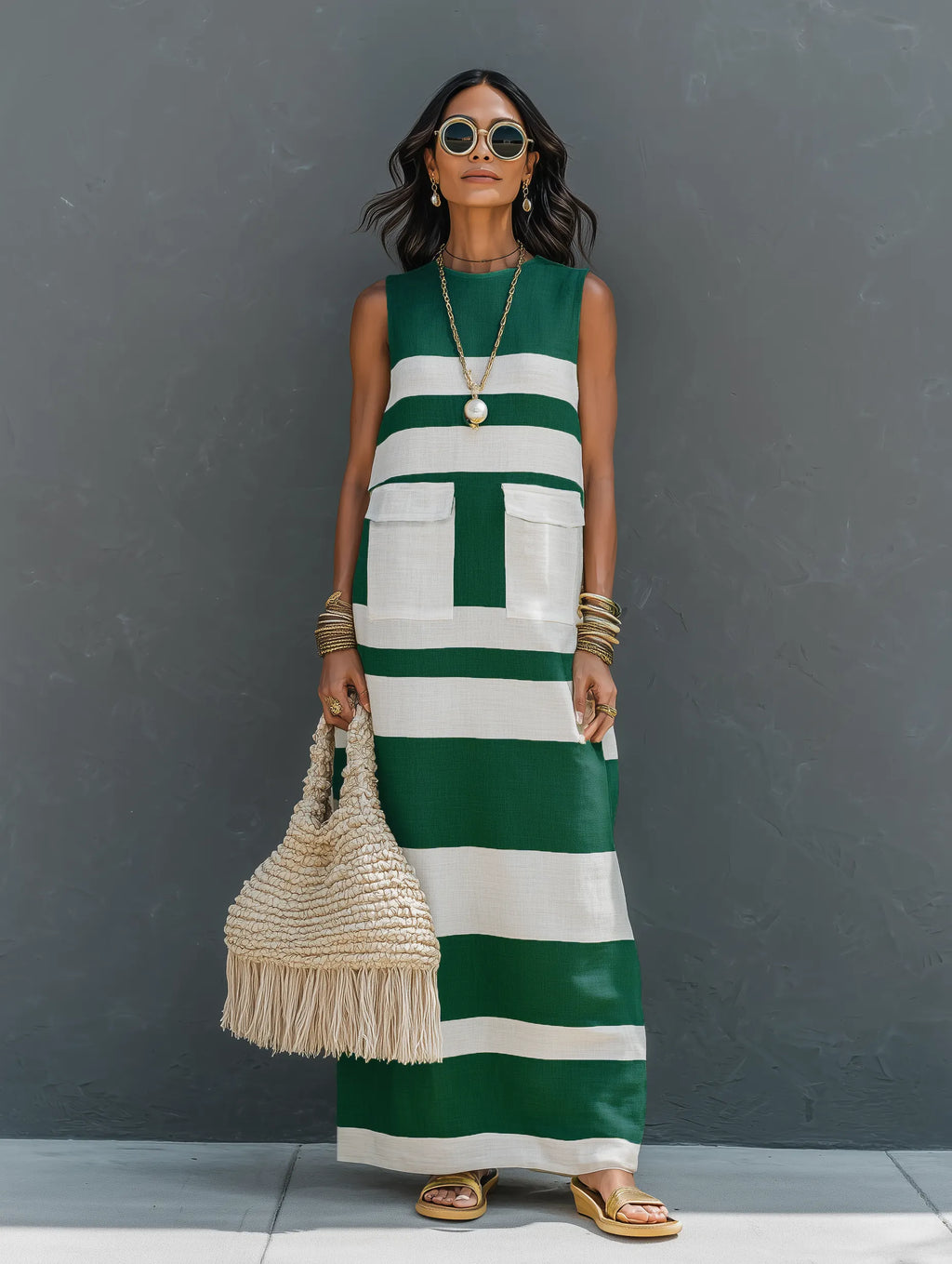 Women's Minimalist Color-Block Striped Sleeveless Maxi Dress MDZ3094F7WY
