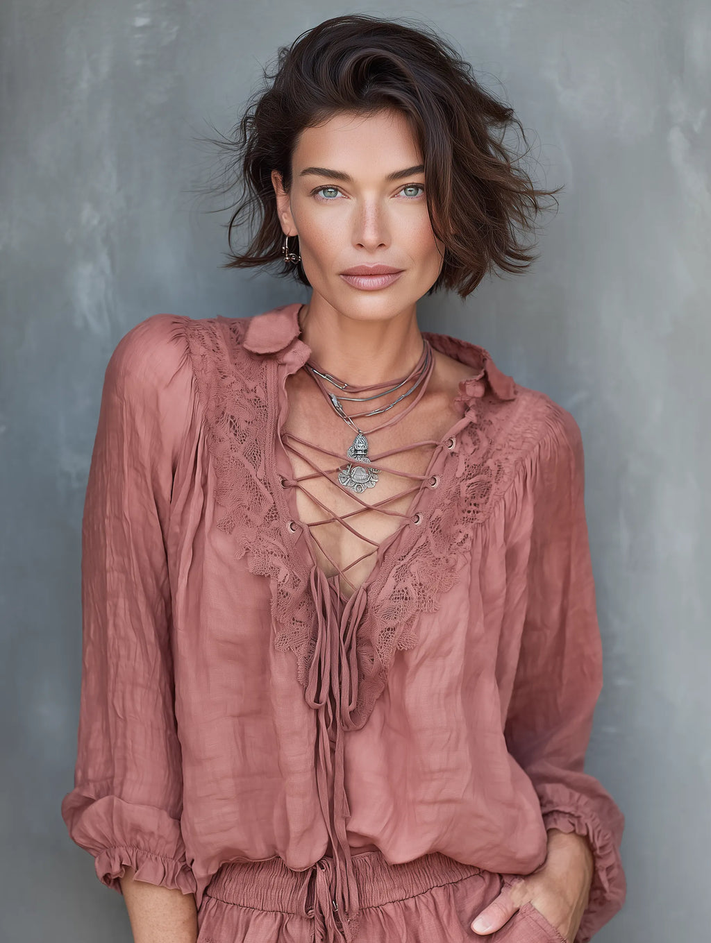 Women's Minimalist Linen-blend Long-sleeve Blouse With Lace-up Neckline MDZ3030F5WY