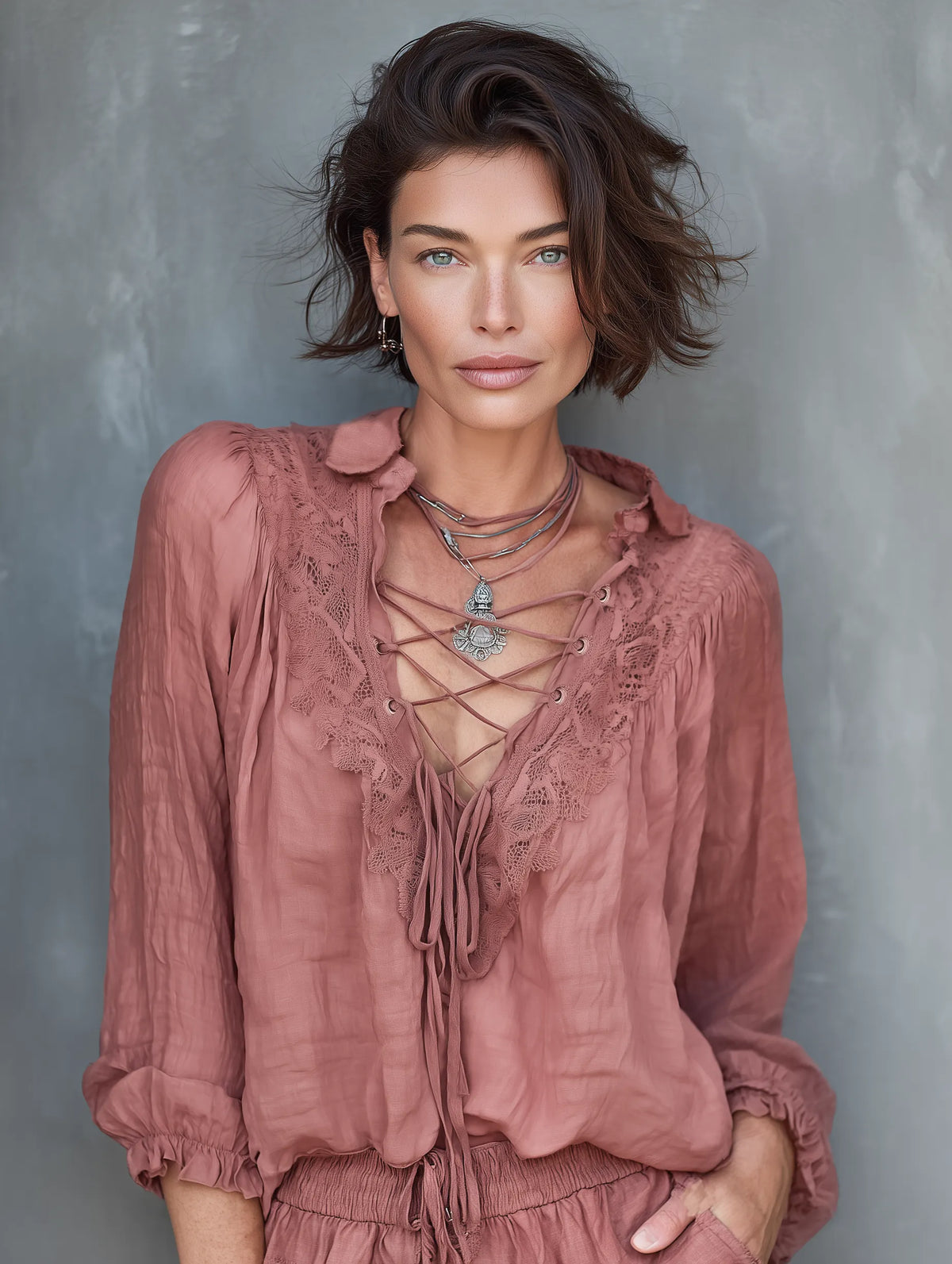 Women's Minimalist Linen-blend Long-sleeve Blouse With Lace-up Neckline MDZ3030F5WY
