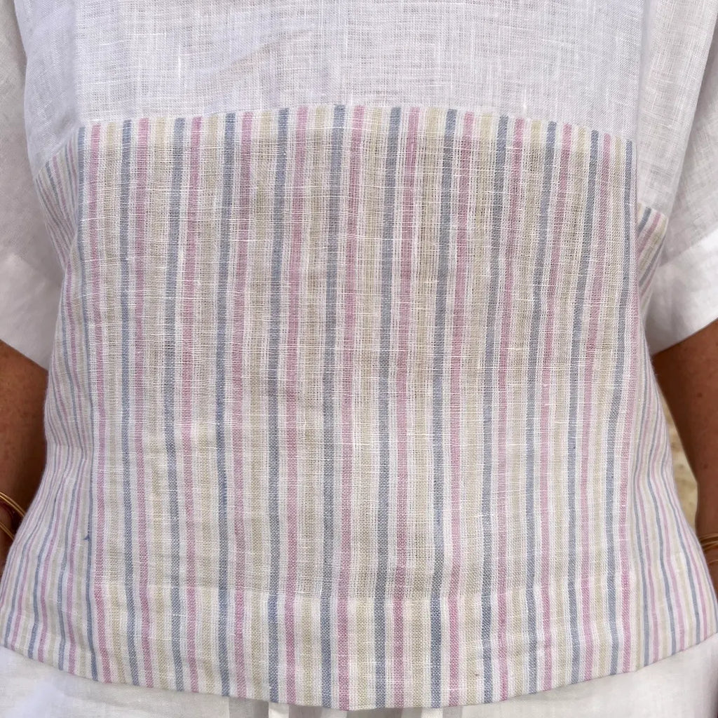 Jill Top New - French Bateau Neck Color-Blocked Striped Linen Blouse | Dadihouse