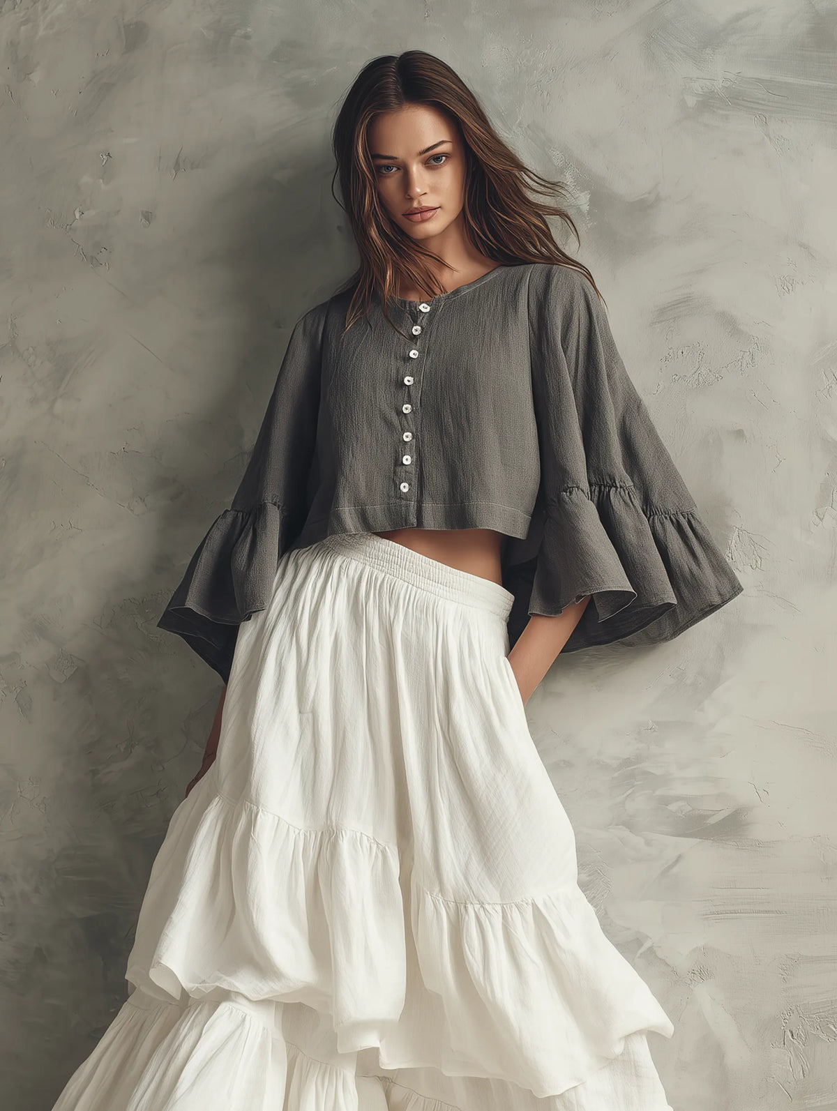 Women's Casual Grey Cotton-linen Long-sleeve Top Paired With A White Woven Multi-layered Ruffled Skirt MDZ1650G0LXY