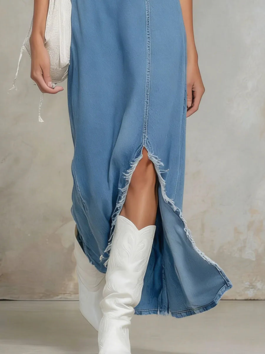 V-neck Side-slit Sleeveless Denim Maxi Dress