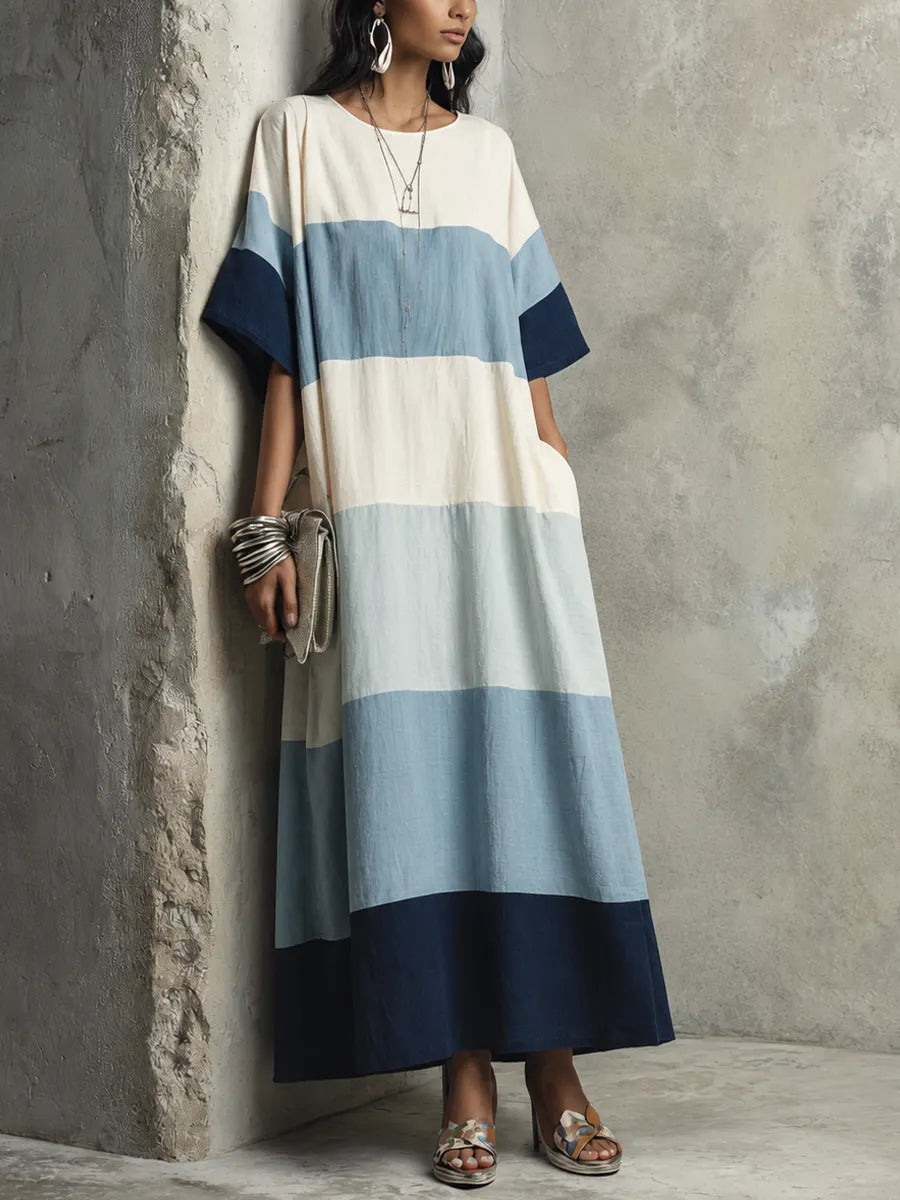 Women's Relaxed Vacation Off White Spliced Blue Cotton Blend Horizontal Stripe Loose Short Sleeve Maxi Dress MDZ1410G1GMJ