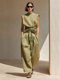 Women's Olive Green Linen Jumpsuit With Sleeveless Mock Neck & Front Waist Wrap Tie, Minimalist Resort Wide Leg Linen Jumpsuit MDZ3015F7LYL