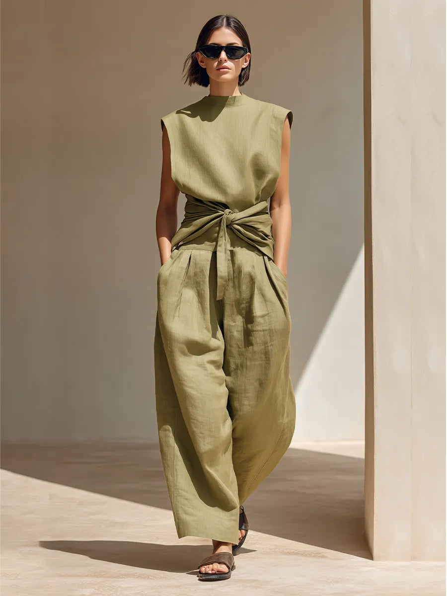 Women's Olive Green Linen Jumpsuit With Sleeveless Mock Neck & Front Waist Wrap Tie, Minimalist Resort Wide Leg Linen Jumpsuit MDZ3015F7LYL