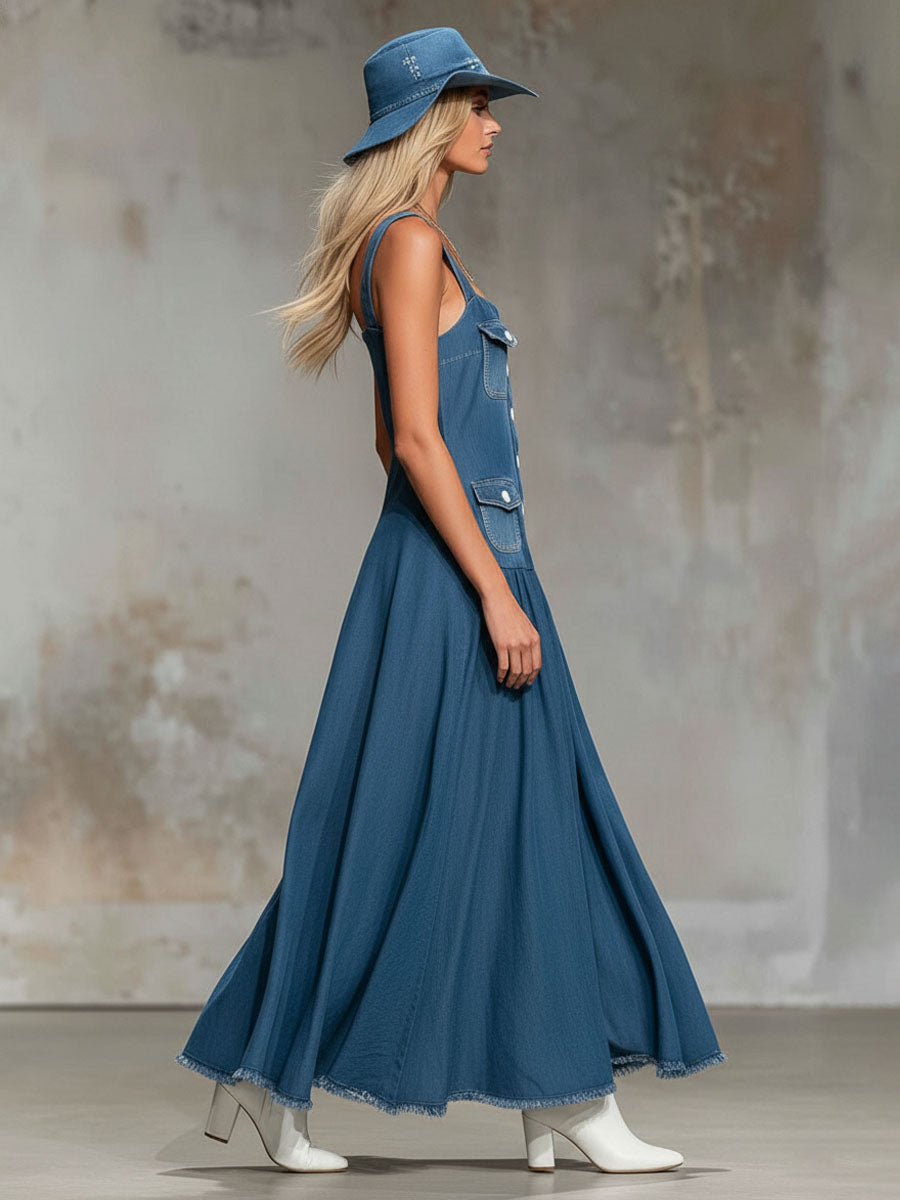 Retro Multi-pocket Square Neck Denim Sleeveless Maxi Dress