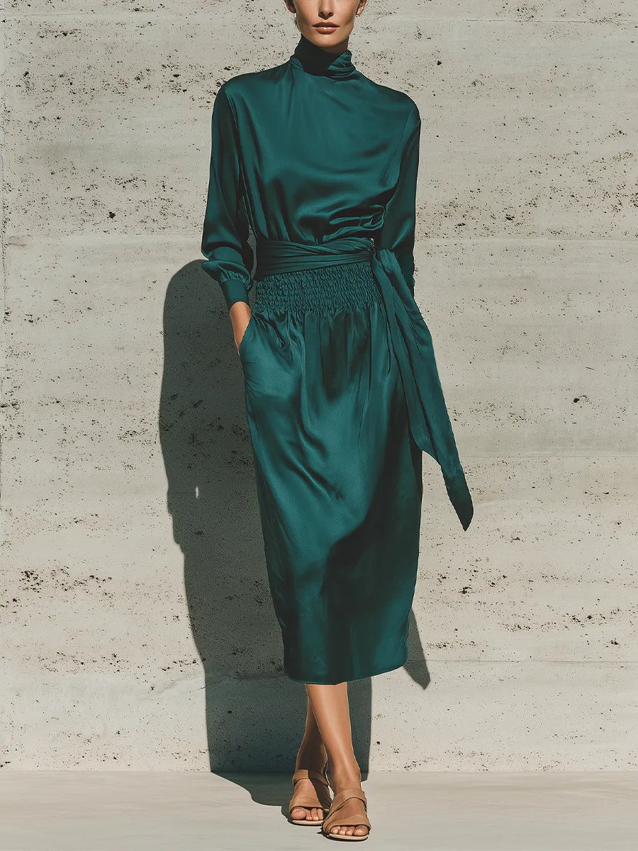 Women's Forest Green Glossy Satin Turtleneck Balloon Sleeve Self Fabric Sash Elastic Smocked Waist Casual Midi Dress MDZ2046G1YZJ