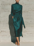 Women's Forest Green Glossy Satin Turtleneck Balloon Sleeve Self Fabric Sash Elastic Smocked Waist Casual Midi Dress MDZ2046G1YZJ