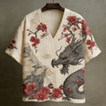Men's Japanese-style Linen Short-sleeved V-neck Shirt With Dragon And Floral Pattern