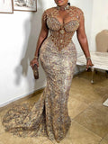Fashion Stand Collar Long Sleeve Beaded Shiny Wrap Evening Maxi Dress
