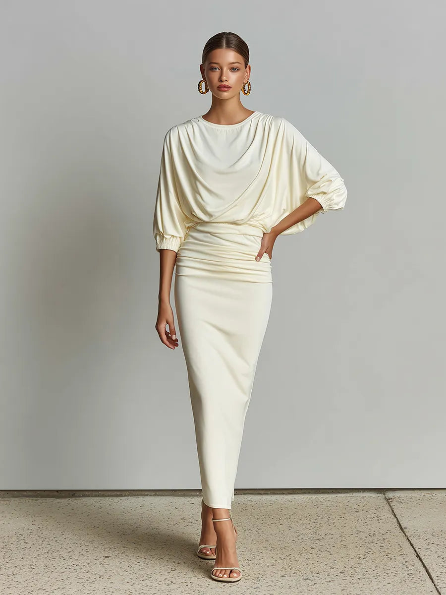 Women's Solid Off White Cotton-Blend Co-Ord With Elastic Cuff Three Quarter Sleeve Top & Bodycon Ruched Waist Midi Skirt, Chic Formal Evening Two-Piece Set MDZ1644G4LYL