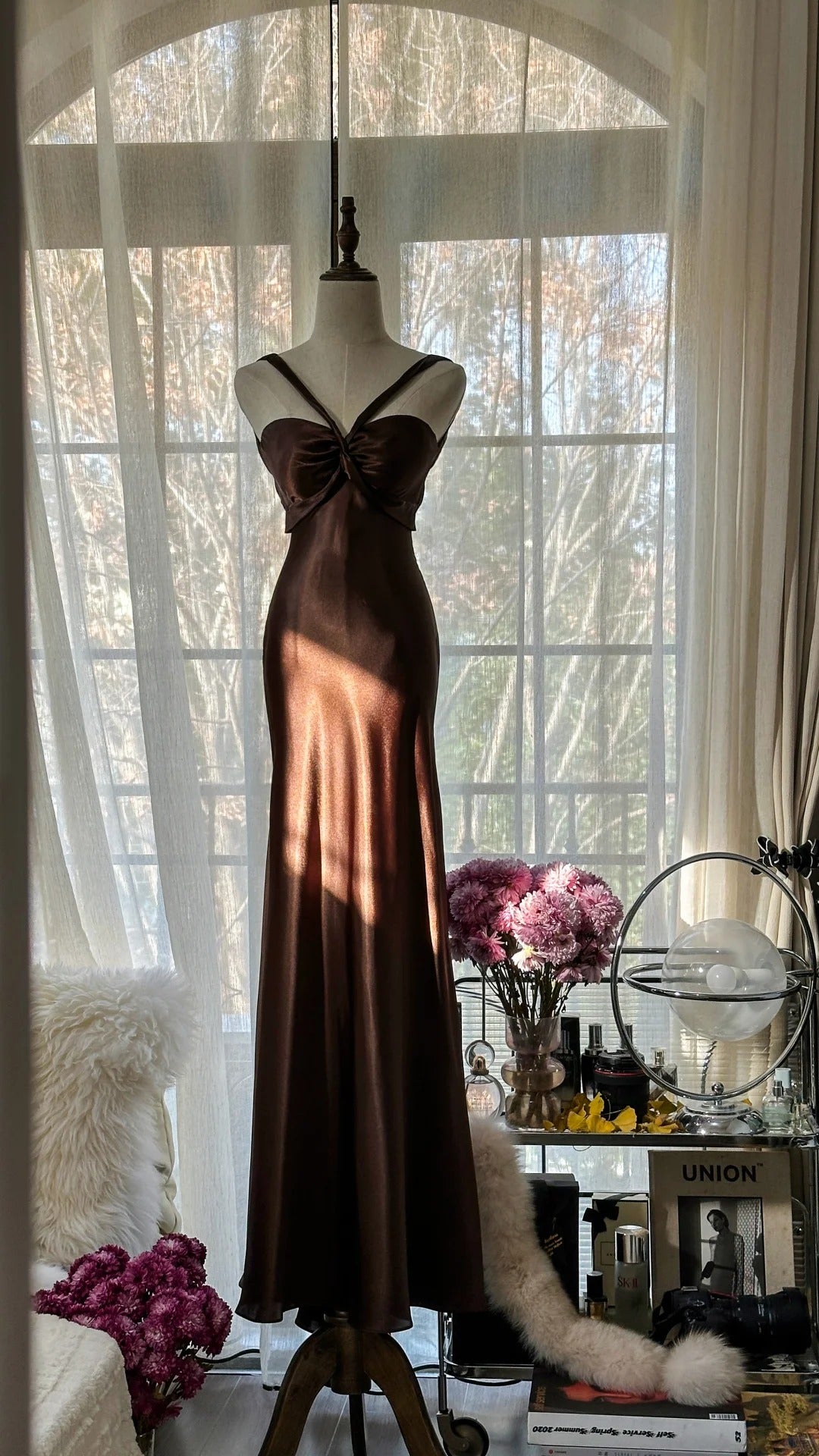 Brown Vintage Chocolate Strapless V-Neck Long Mermaid Slim Satin Ball Gown Evening Dress Birthday Party Dress Prom Dress Wedding Dress 4097
