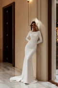 Sheath wedding dress 702, Cathedral wedding dress, 3D lace wedding dress, Crepe wedding dress, Long sleeves wedding dress