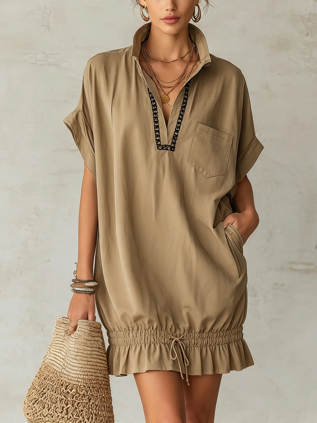 Khaki Drawstring Mini Dress With Ribbon Trim And Ruffled Hem
