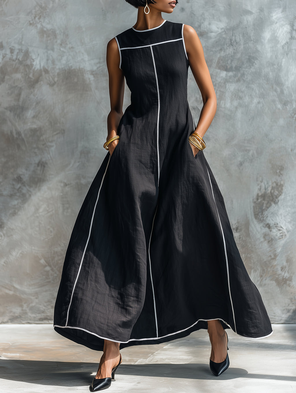 Women's Minimalist Linen-Blend Maxi Dress With Contrast Trim, Round Neck, And Sleeveless Design MDZ1516E0Y