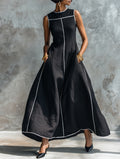 Women's Minimalist Linen-Blend Maxi Dress With Contrast Trim, Round Neck, And Sleeveless Design MDZ1516E0Y